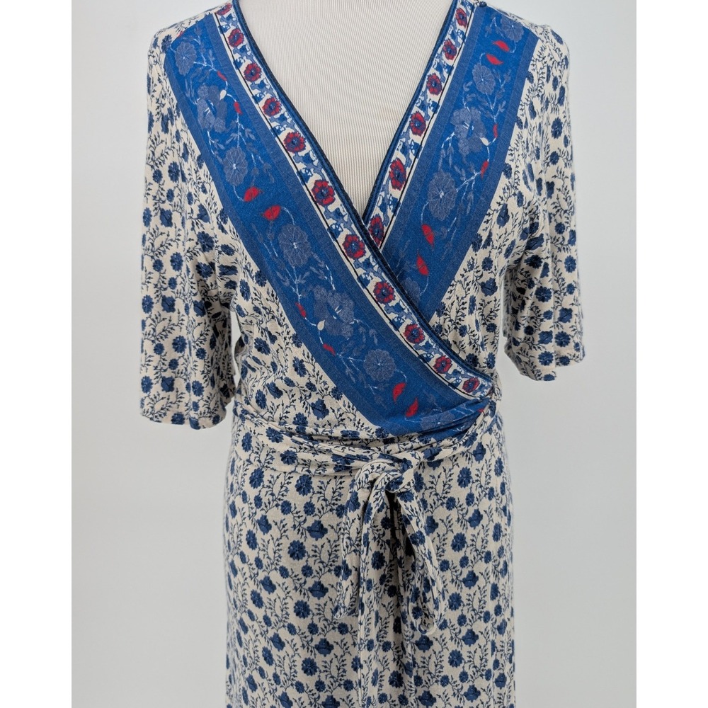 Lucky Brand Border Print Wrap Midi Dress M Blue Floral Boho Chic Cottage Prairie - Picture 7 of 16